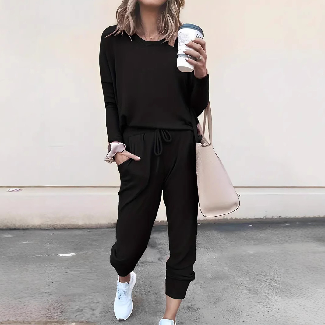 Women's Casual Two-Piece Set with Drawstring Jogger Pants and Long-Sleeve Top, Solid Color