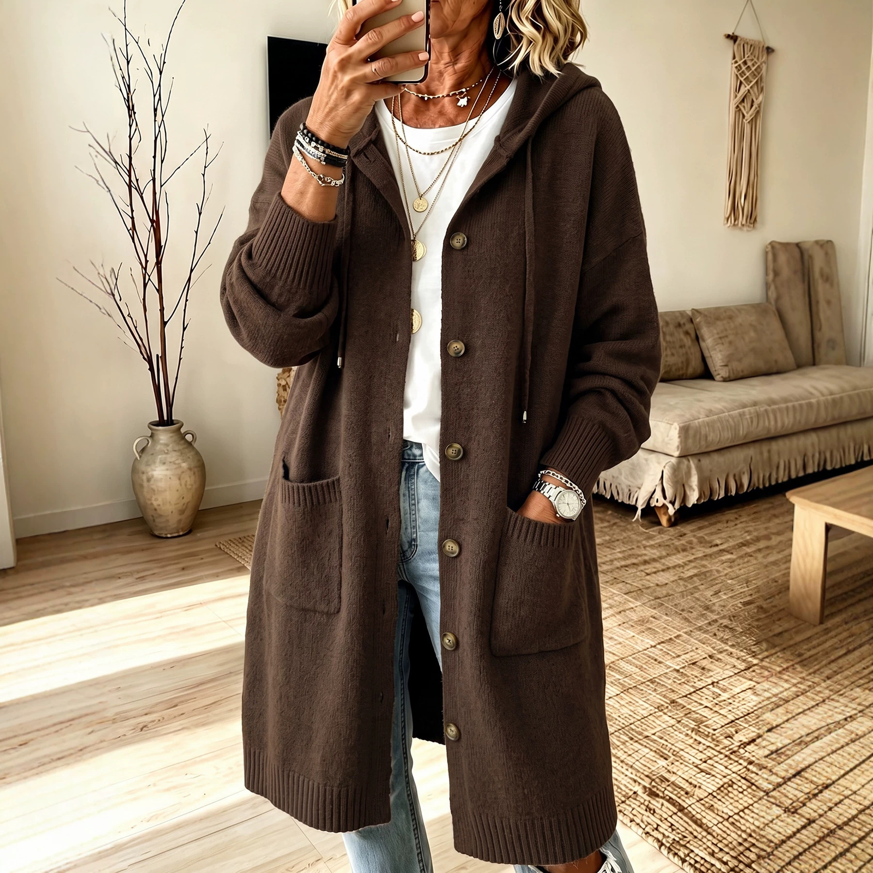 Women's Solid Hooded Knit Cardigan Drawstring Button Pockets Loose Long Sleeve Soft