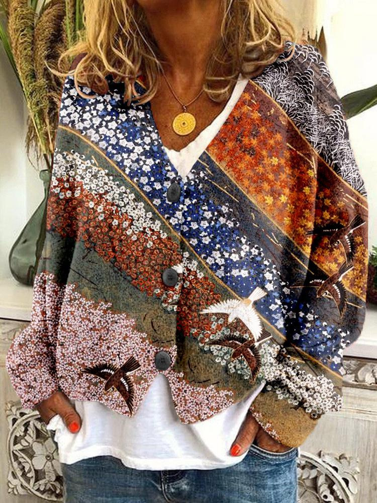 Printed Women's Cardigan Soft Knit Sweater Casual Poncho Coat