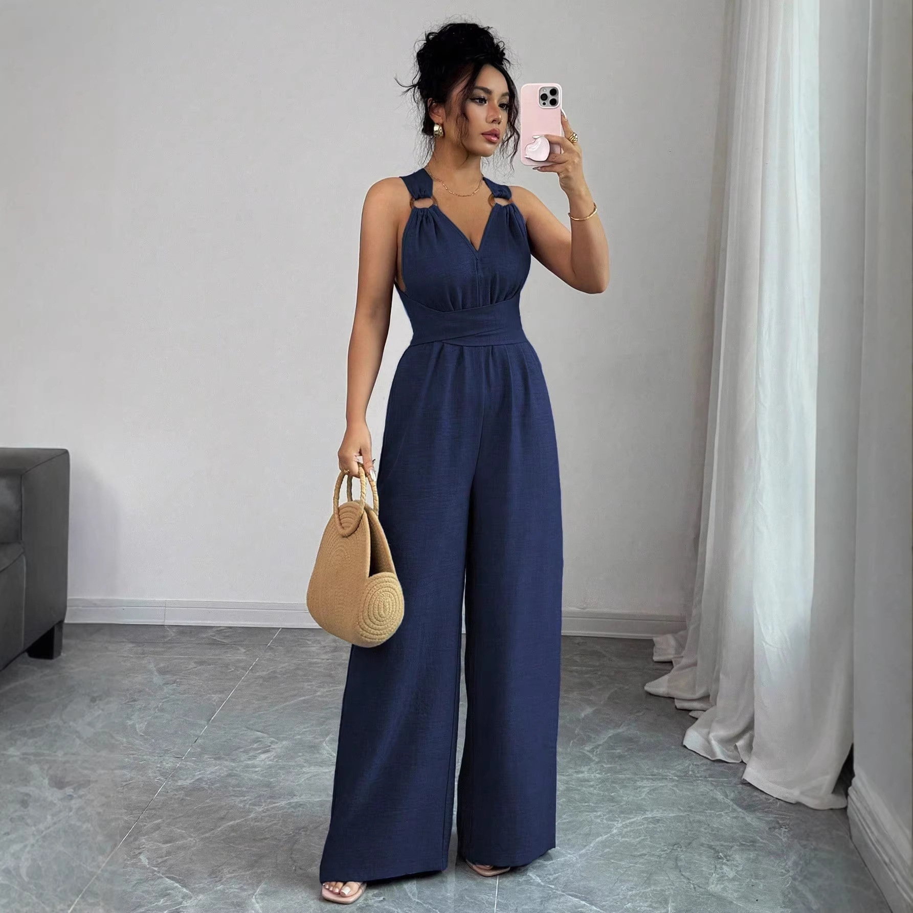 Women's Halter Cross-Back Sleeveless Jumpsuit with Waist-Cinching
