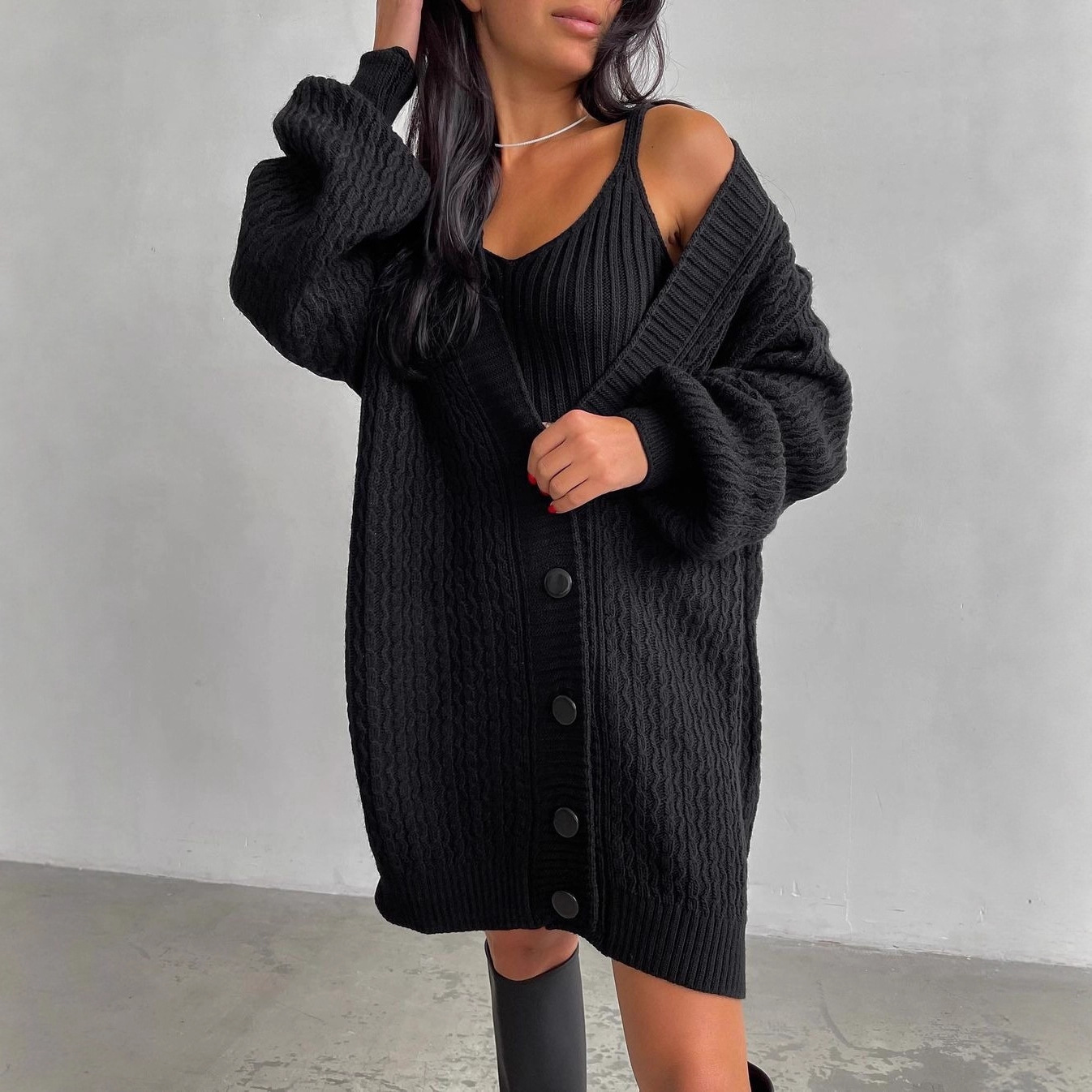 Women's V-Neck Midi Knit Cardigan Sweater Vest Set Puff Sleeve Solid