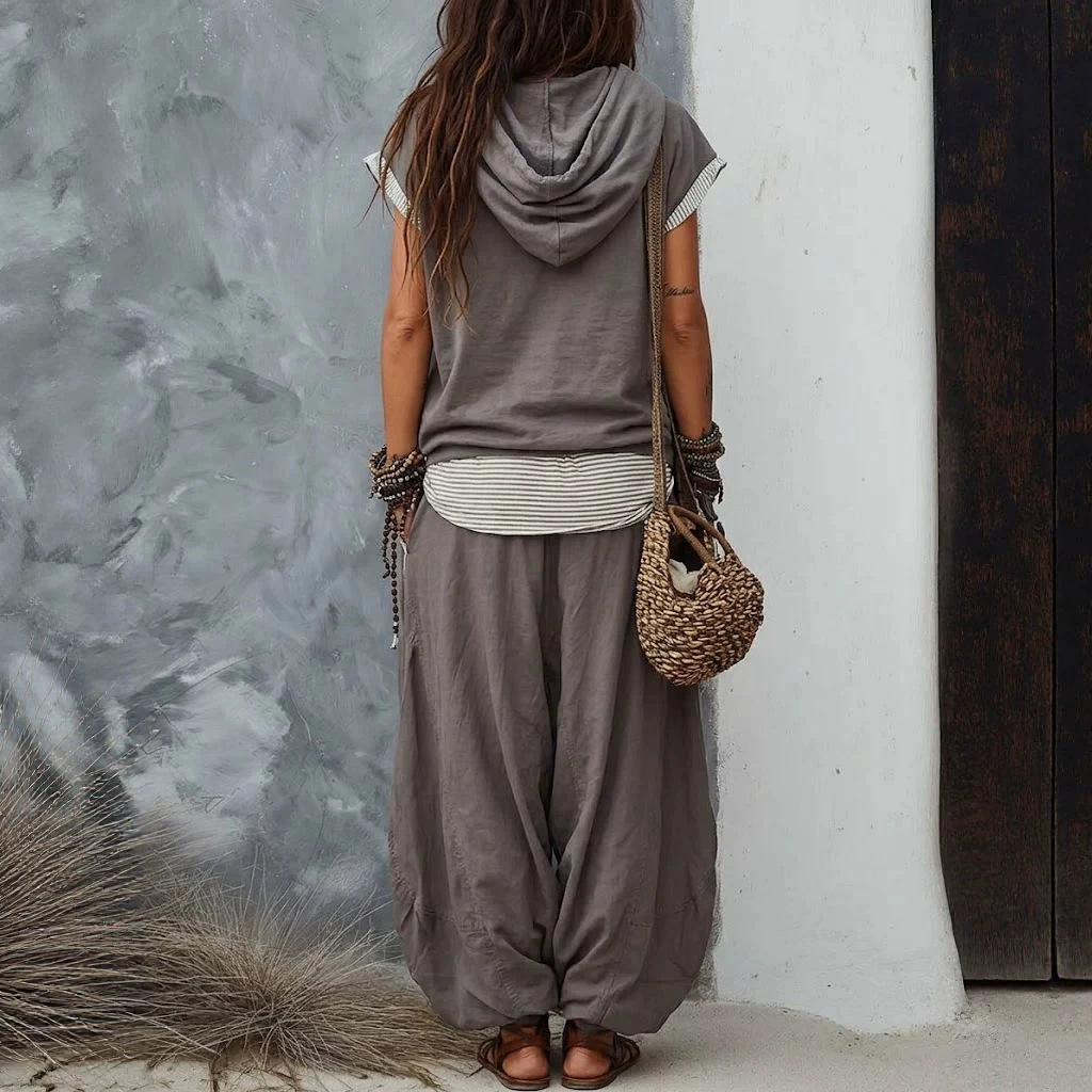 Bohemian Sleeveless Hooded Top & Harem Pants Two-Piece Set