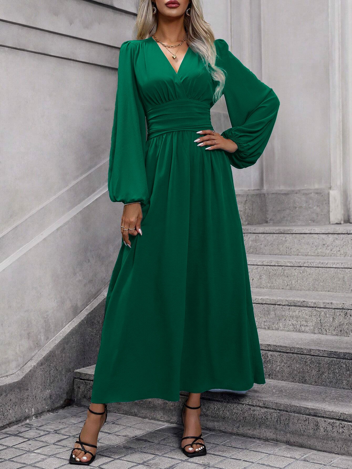 Women's Lantern Sleeve Ruched High Slit Dress