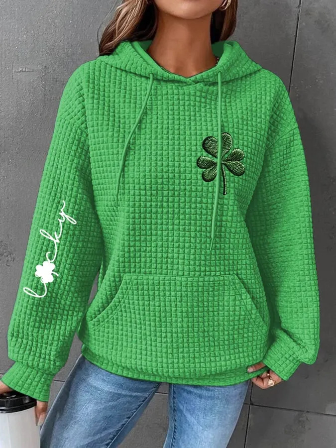Four-Leaf Clover Waffle Print Women's Casual Hoodie