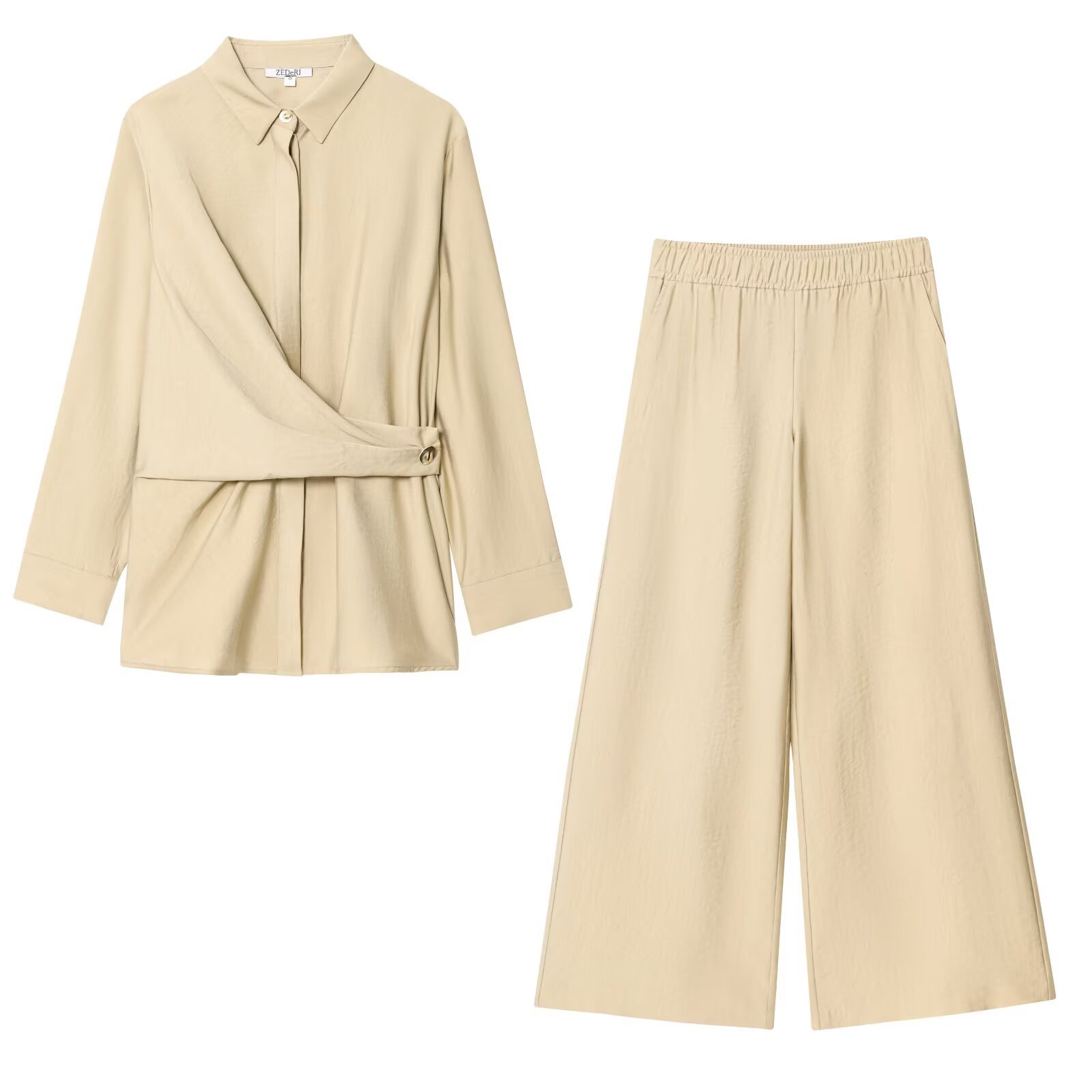 Gold Button Double-Breasted Shirt & Wide-Leg Pants Set