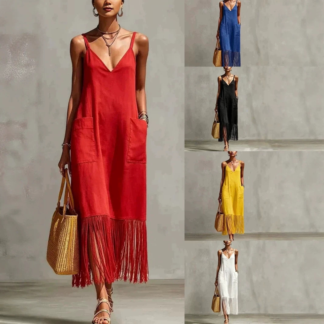 Bohemian Tassel Hem Sleeveless Maxi Dress