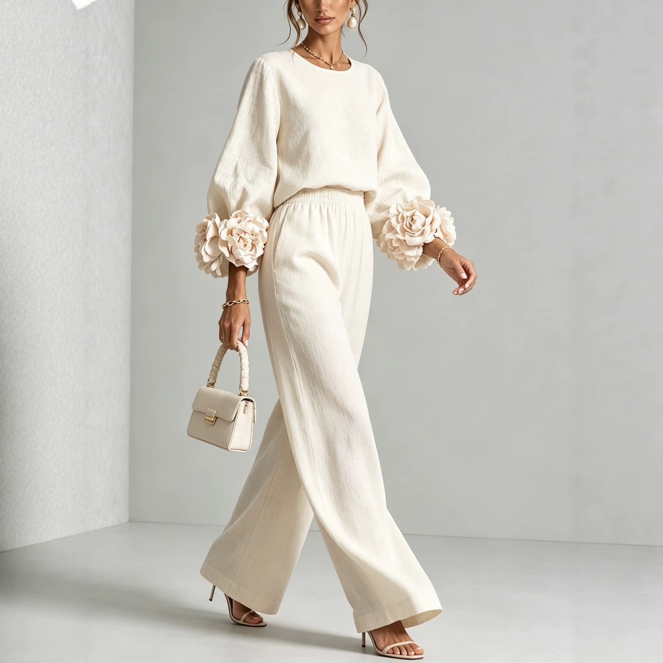 Women's 3D Floral Bubble Sleeve Two-Piece Set with High-Waist Wide-Leg Pants