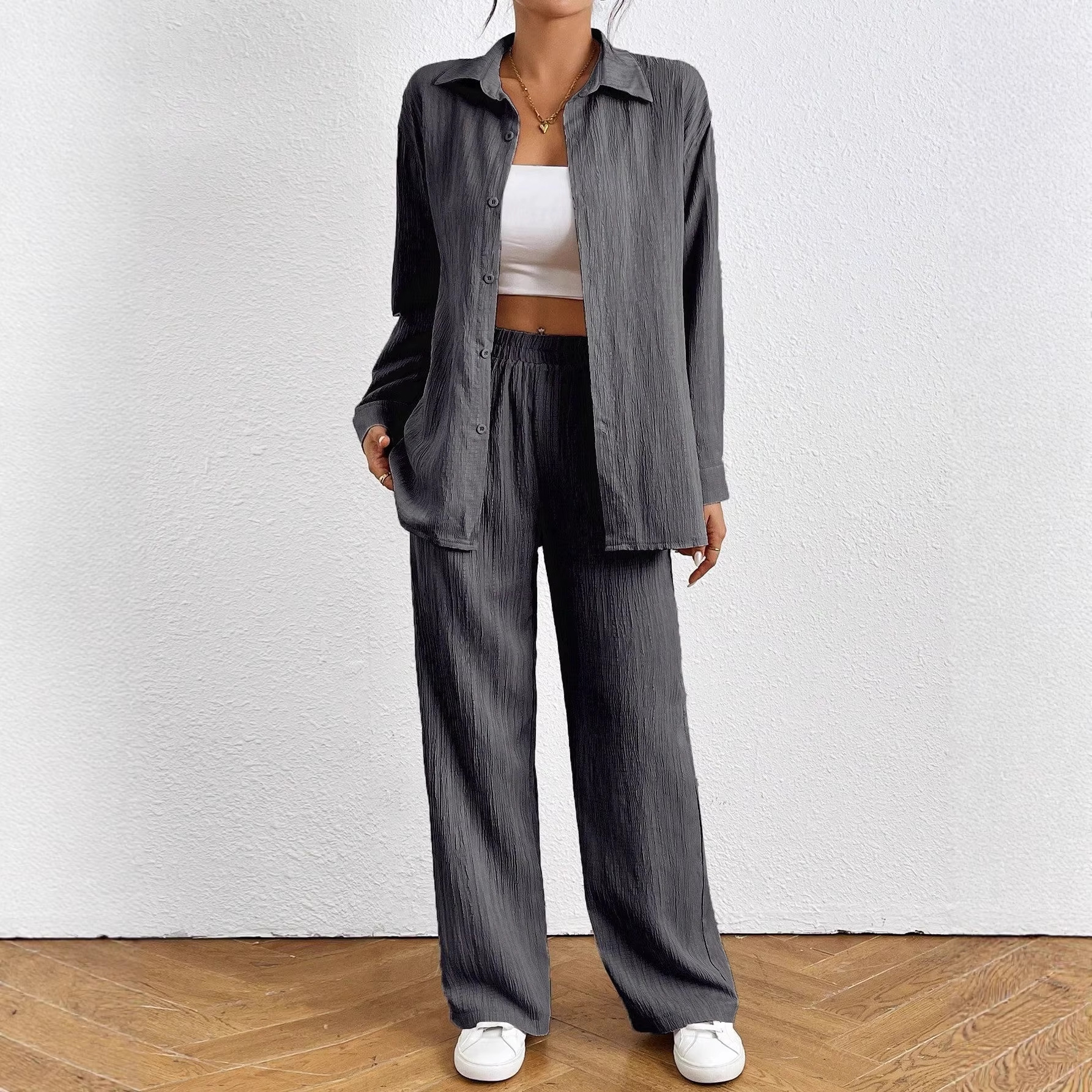 Women's Solid Color Elastic Waist Wide-Leg Pants with Pockets and Shirt Two-Piece Set