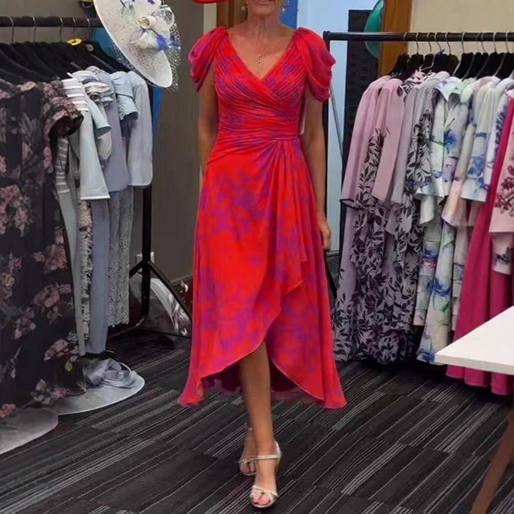 V-Neck Short Sleeve Cinched Waist Printed Casual Dress