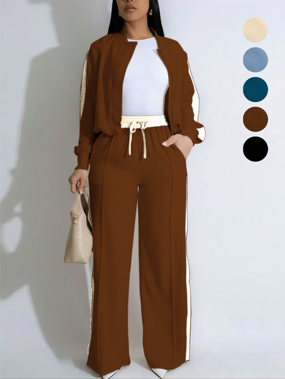 Women's Casual Ribbon Long Sleeve Wide Leg Pants Set