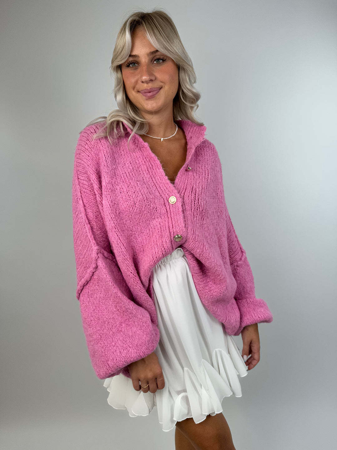 Women's Solid Color Loose Knit Cardigan Long Sleeve Round Neck