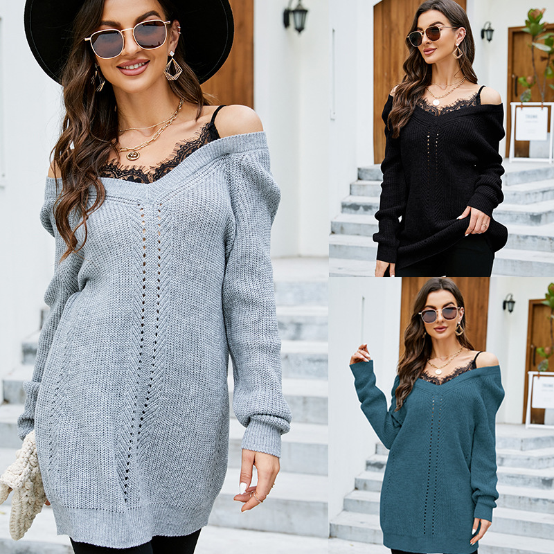 Women's Lace-Trim V-Neck Pullover Sweater Loose Fit