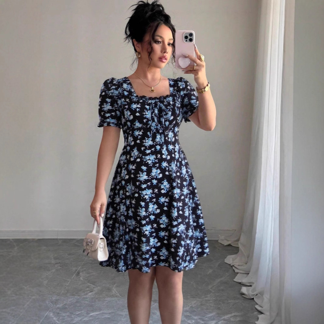 Women's Floral Print Square Neck Tie-Waist Short Dress