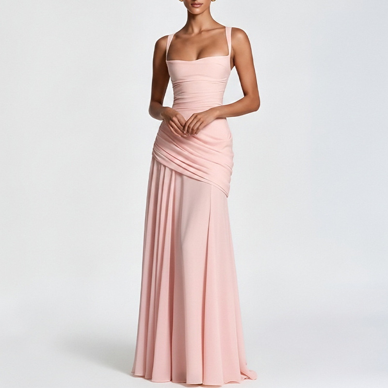 Elegant Solid Pleated Waist-Cinching Midi Dress