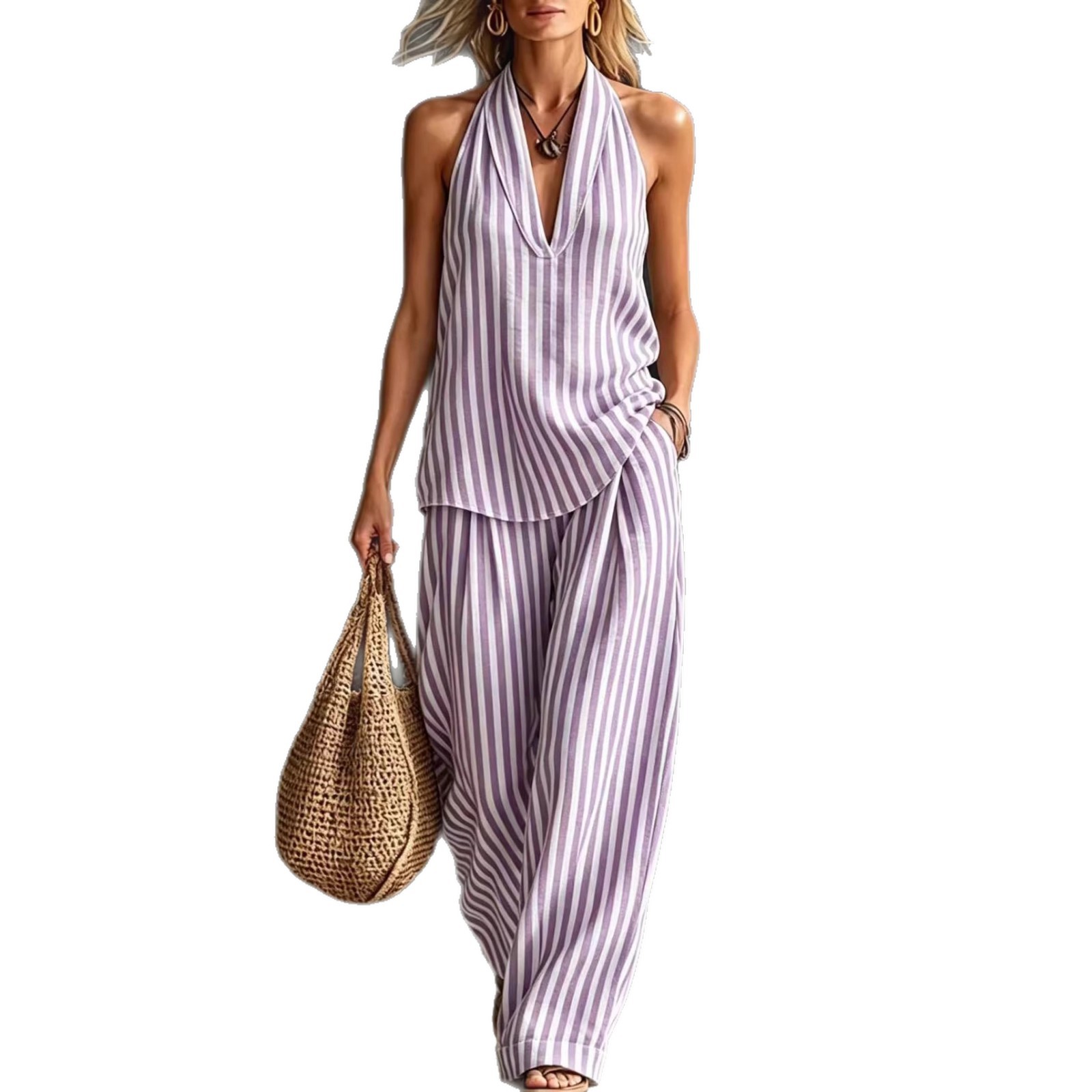 Striped Wide-Leg Pants Two-Piece Set Sleeveless Vest Women's