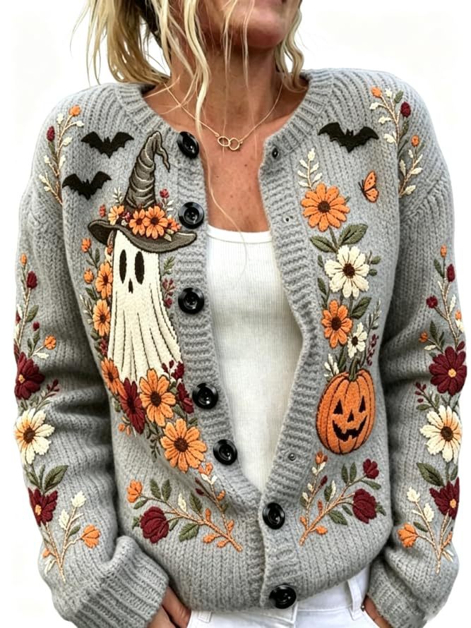 Women's Halloween Ghost Pumpkin Castle Floral Print Cardigan