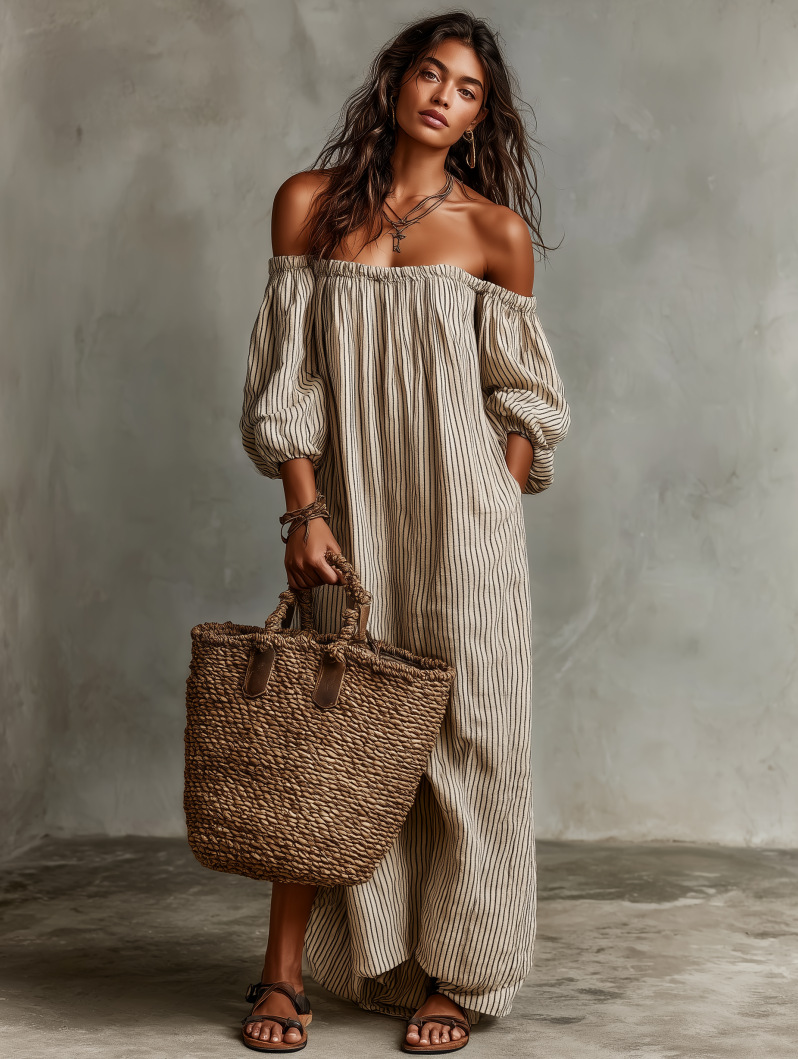 Striped Off-Shoulder Cotton-Linen Midi Dress
