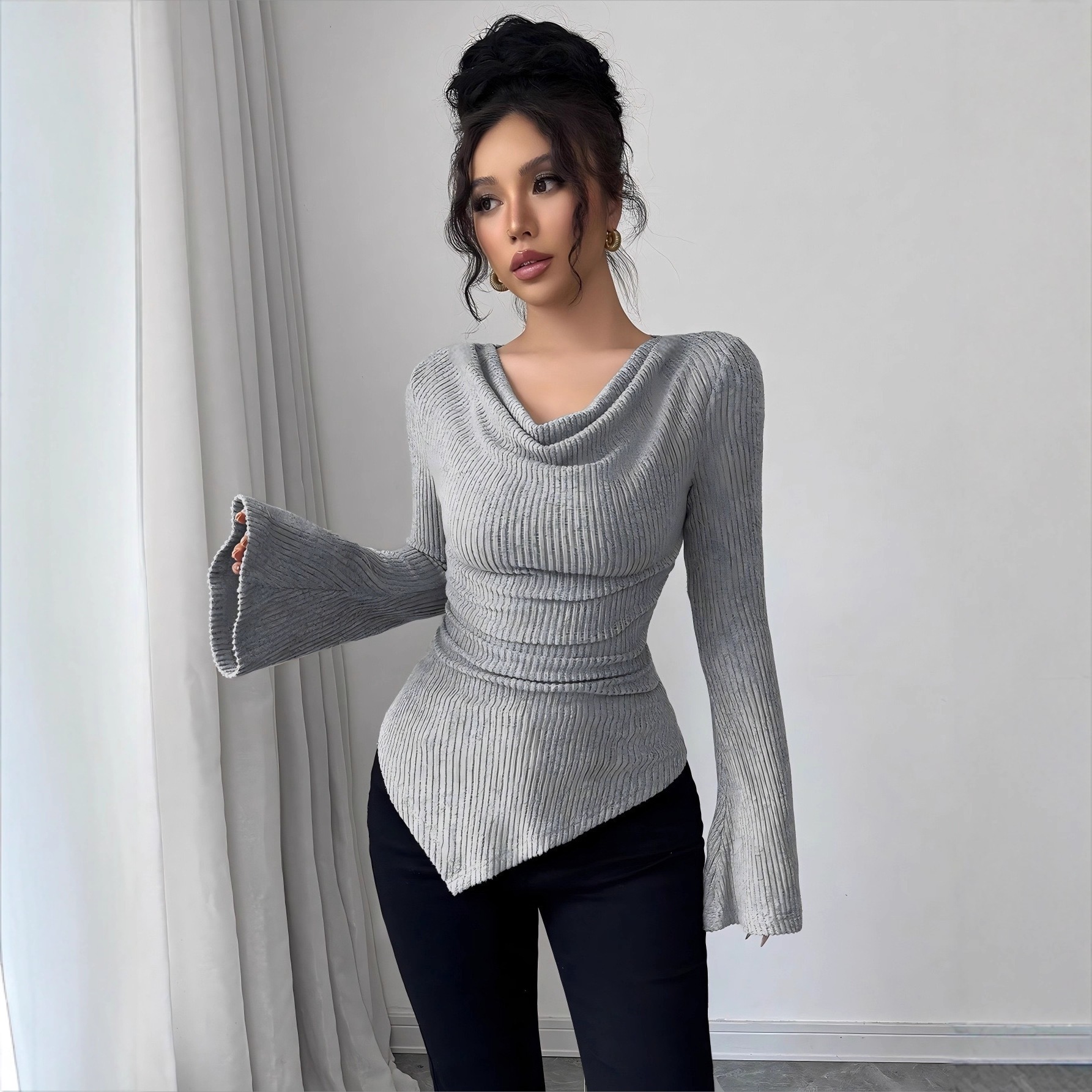 Ribbed Off-Shoulder Slim Fit Knit Long Sleeve Top
