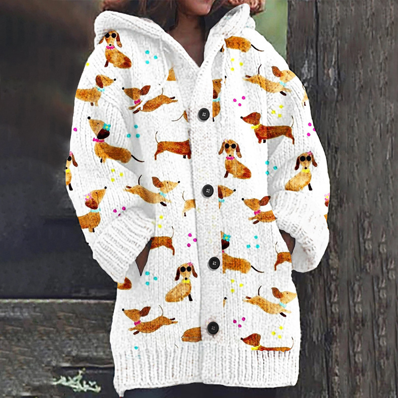 Women's Vintage Animal Print Hooded Button Cardigan
