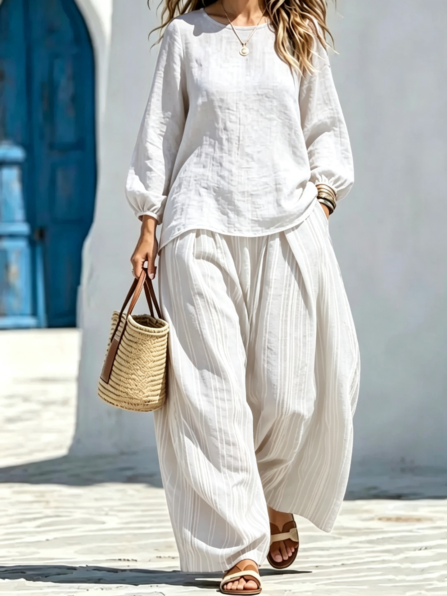 Women's Lantern Sleeve Top and Striped Wide-Leg Pants Set