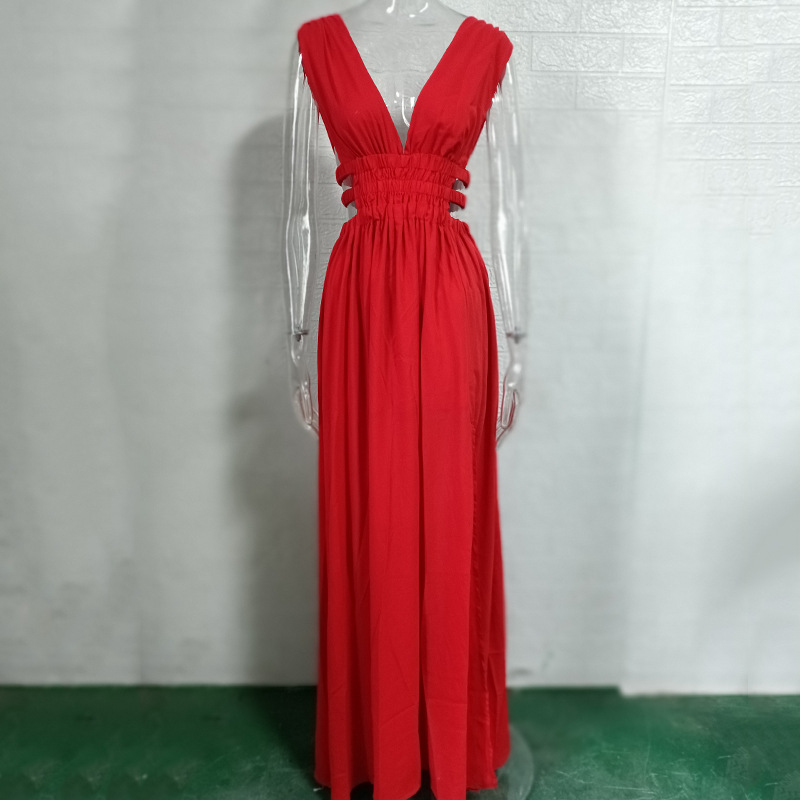 Women's Deep V-Neck Backless Maxi Dress with Flared Skirt