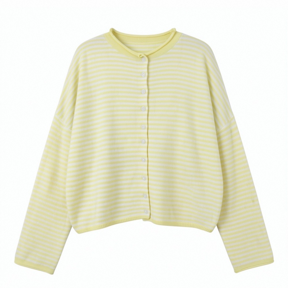 Striped Knit Cardigan Women's Loose Crew Neck Single-Breasted Long Sleeve Casual Outerwear