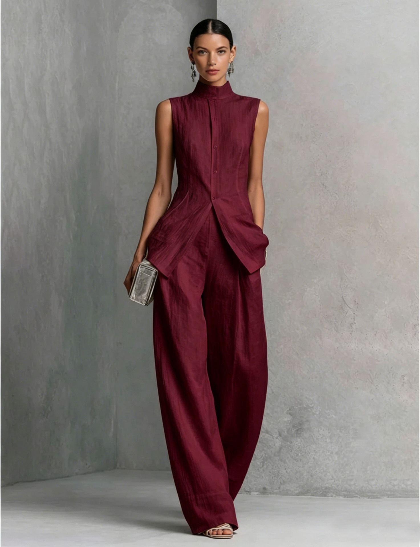 Sleeveless Cotton-Linen Shirt and Pants Set
