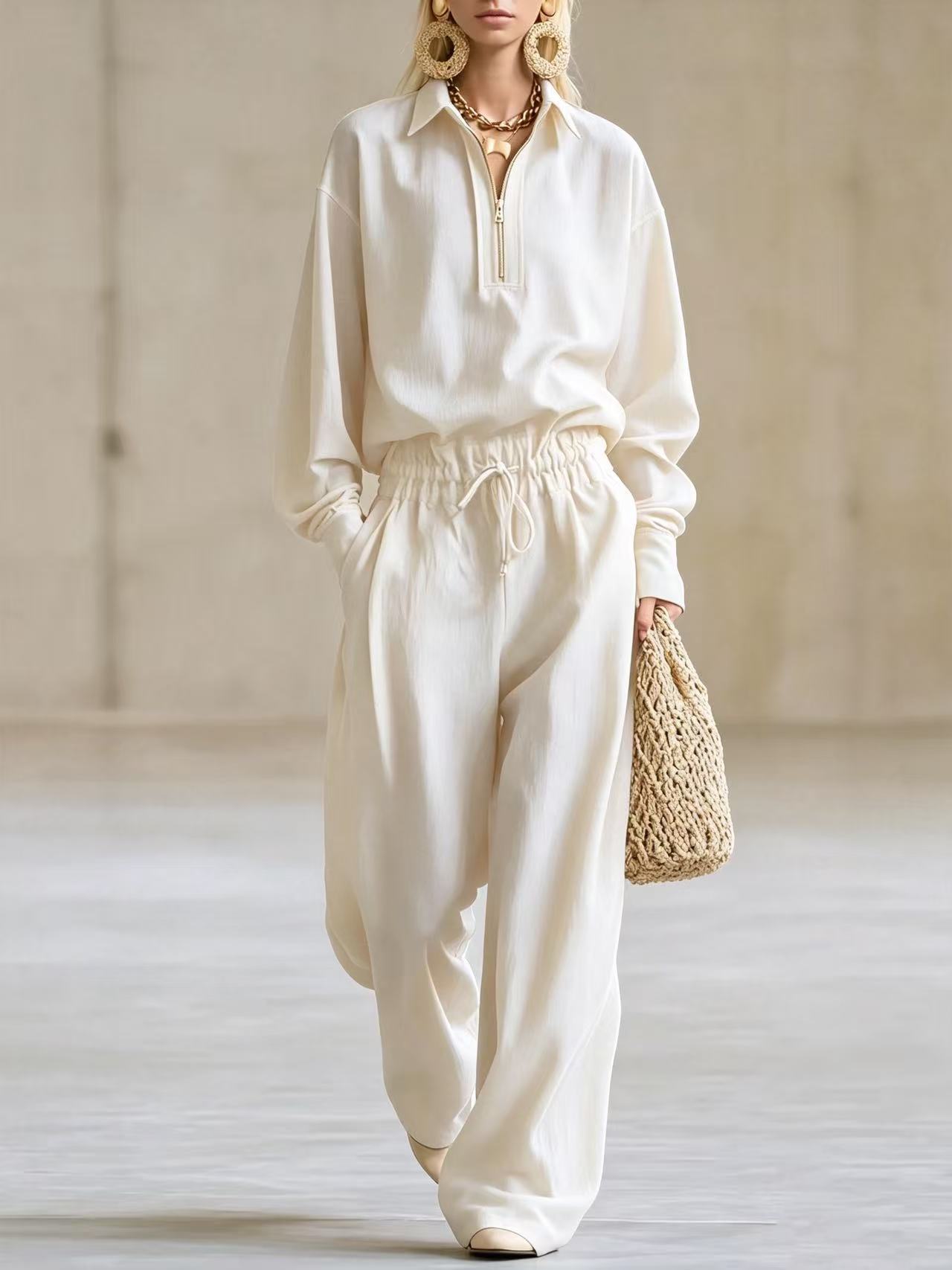 Solid Color Long Sleeve Drawstring Hoodie & Wide Leg Pants Set