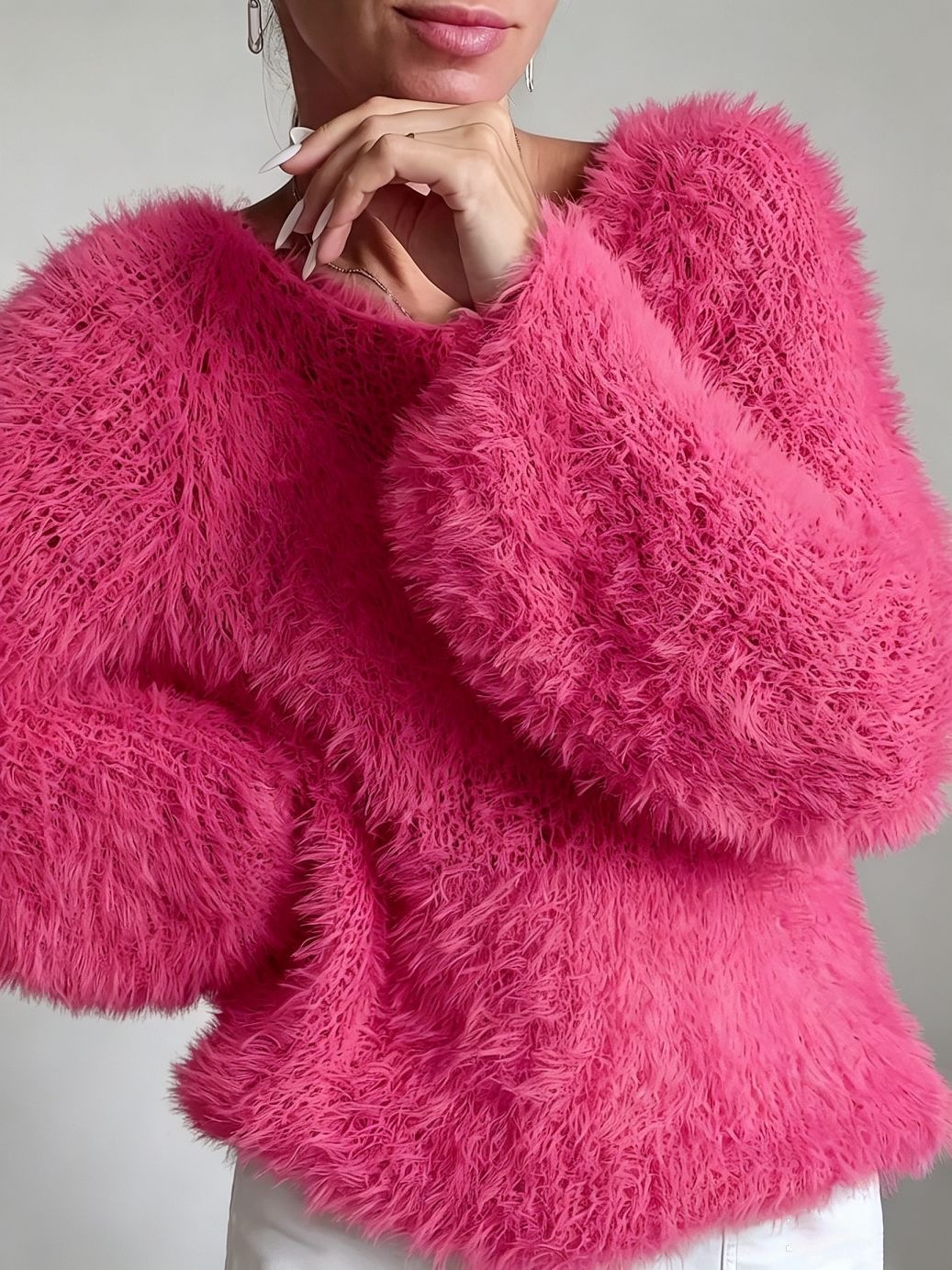 Macaron Color Crewneck Fluffy Long-Sleeve Top