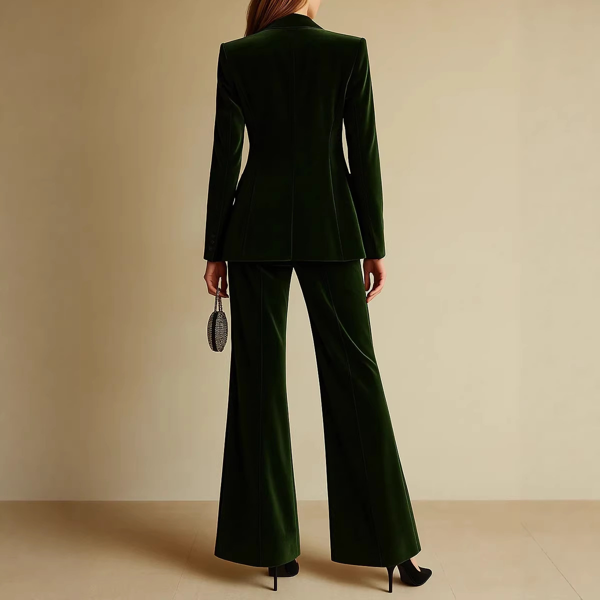 Velvet Blazer and Slim Pants Two-Piece Set for Women