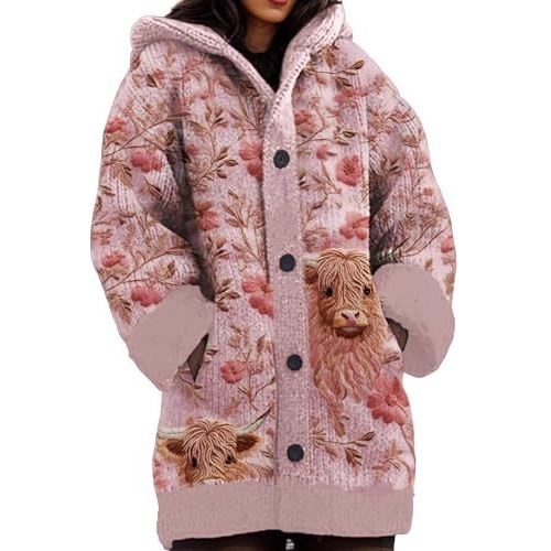 Women's Hooded Floral Animal Print Faux Sweater Cardigan