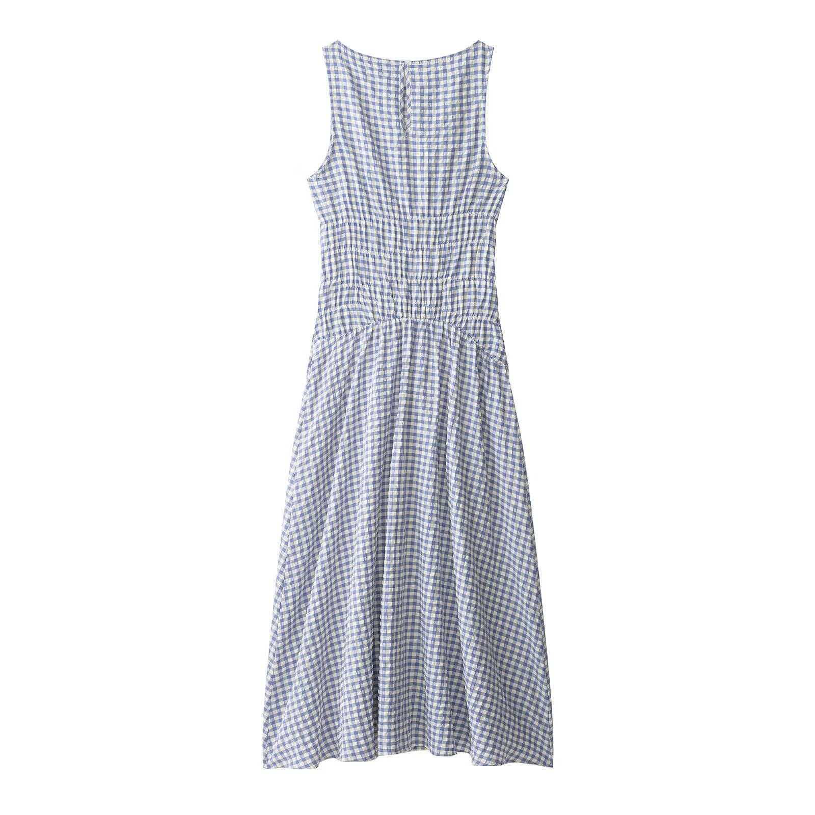Women's Summer Minimalist Plaid Midi Dress Sleeveless High Waist