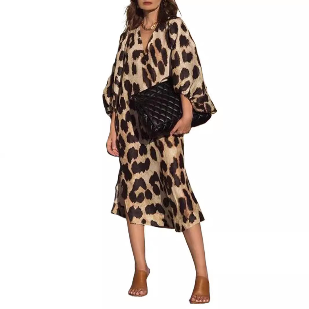 Lantern Sleeve V-Neck Leopard Print Midi Dress