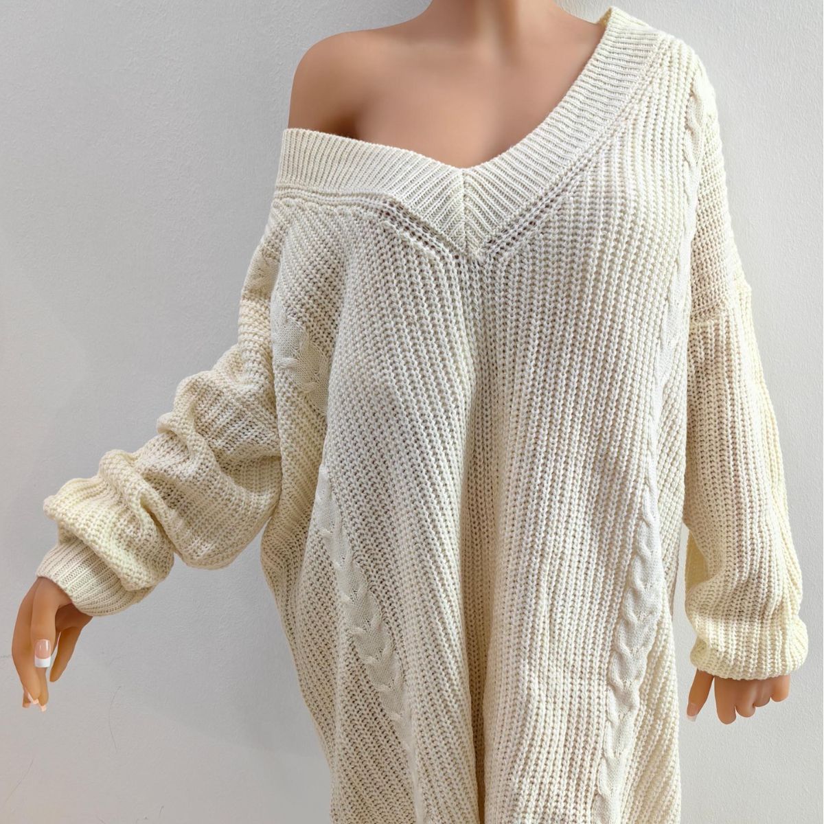 Plus Size Deep V-Neck Knit Sweater Dress Solid Loose Long Sleeve