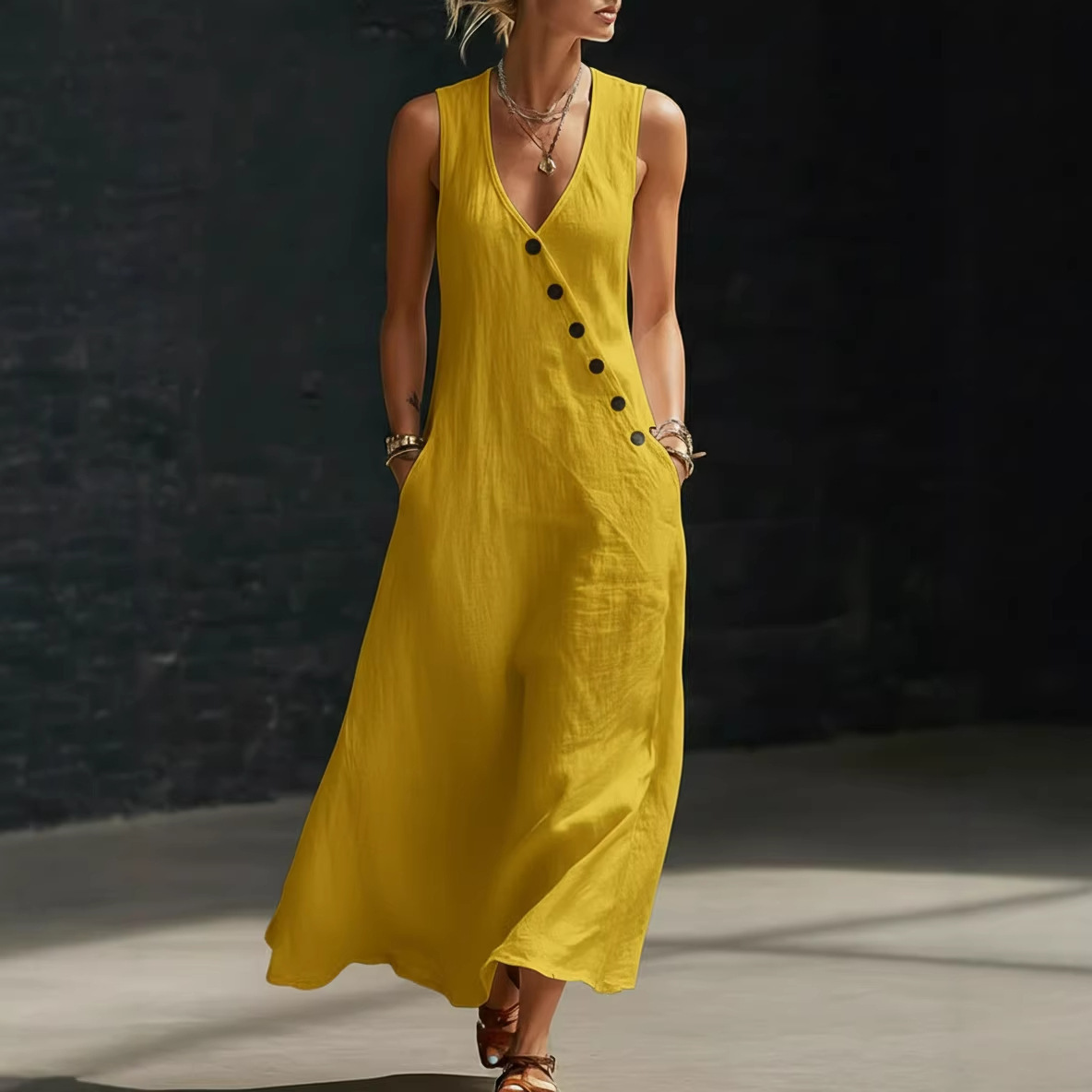 V-Neck Sleeveless Button-Front Midi Dress Cotton-Linen Vacation Casual