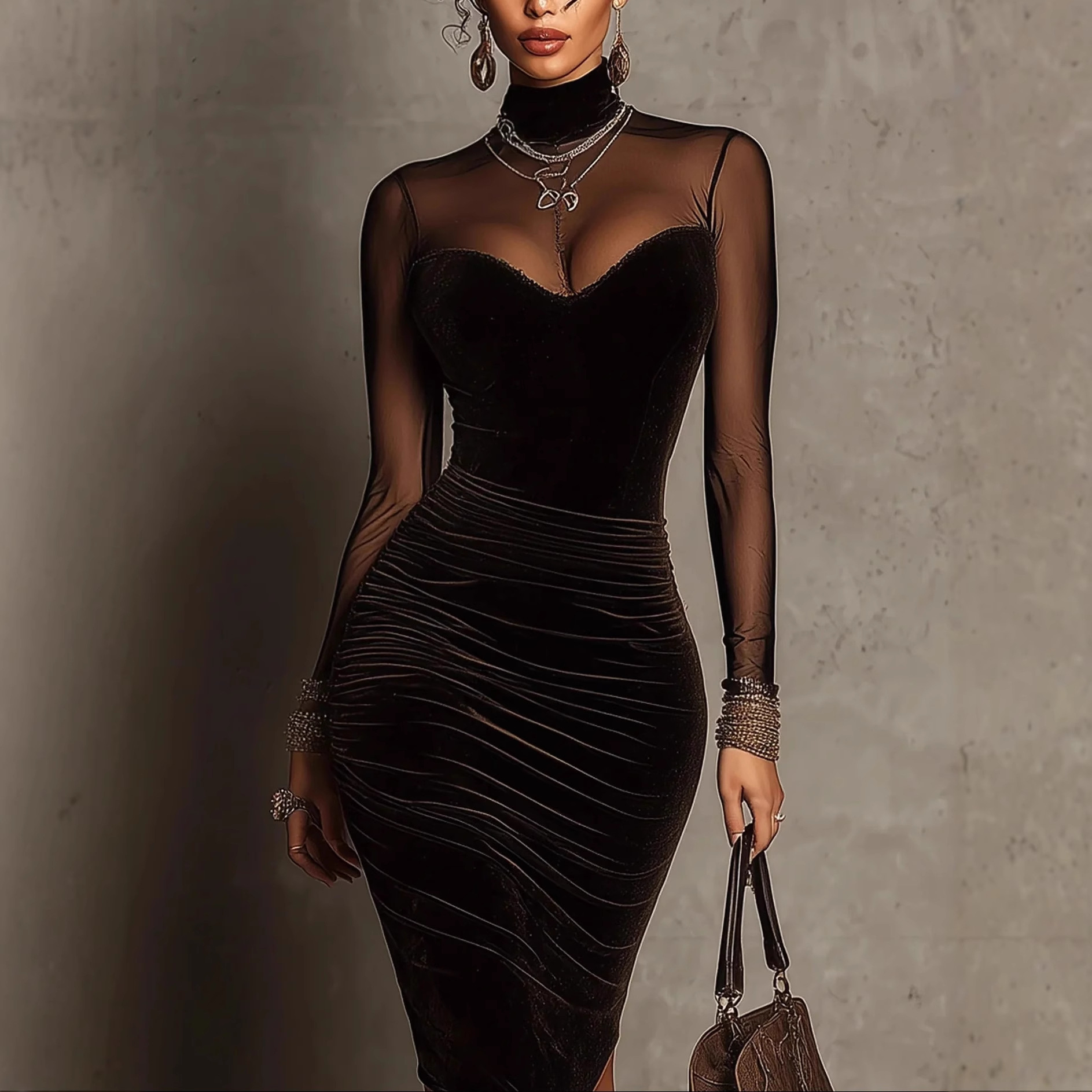 Mesh Panel High Neck Long Sleeve Bodycon Dress