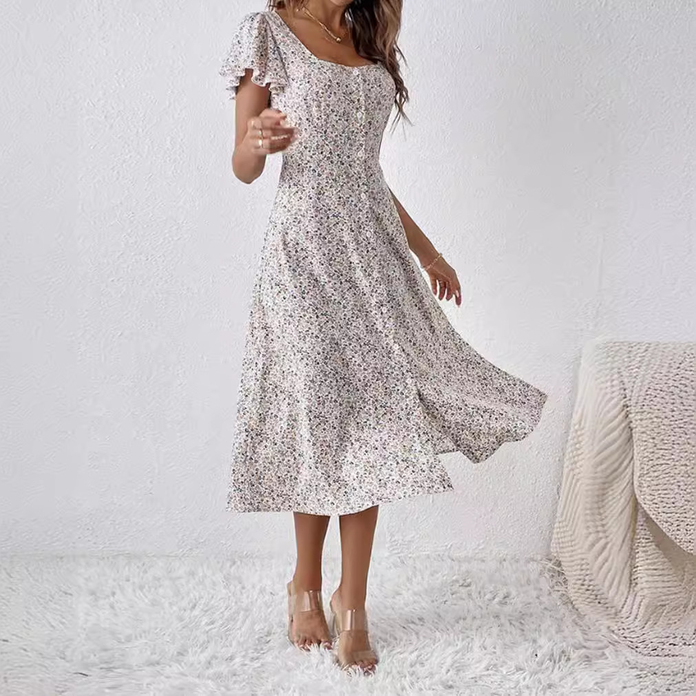 Floral Print Square Neck Short Sleeve Maxi Dress