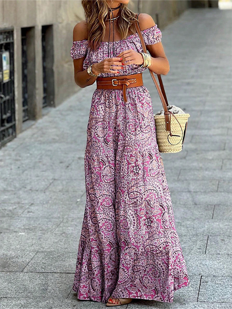 Floral Off-Shoulder Puff-Sleeve High-Waist A-Line Dress