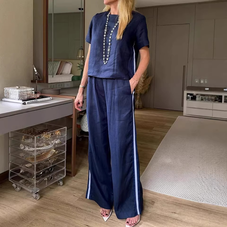 Women's Cotton-Blend Two-Piece Set with Crew Neck Top and Pants