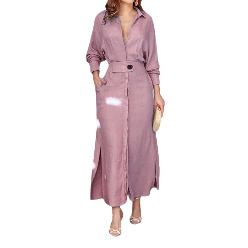 Women's Solid Tie-Waist Long Shirt Dress Commuter