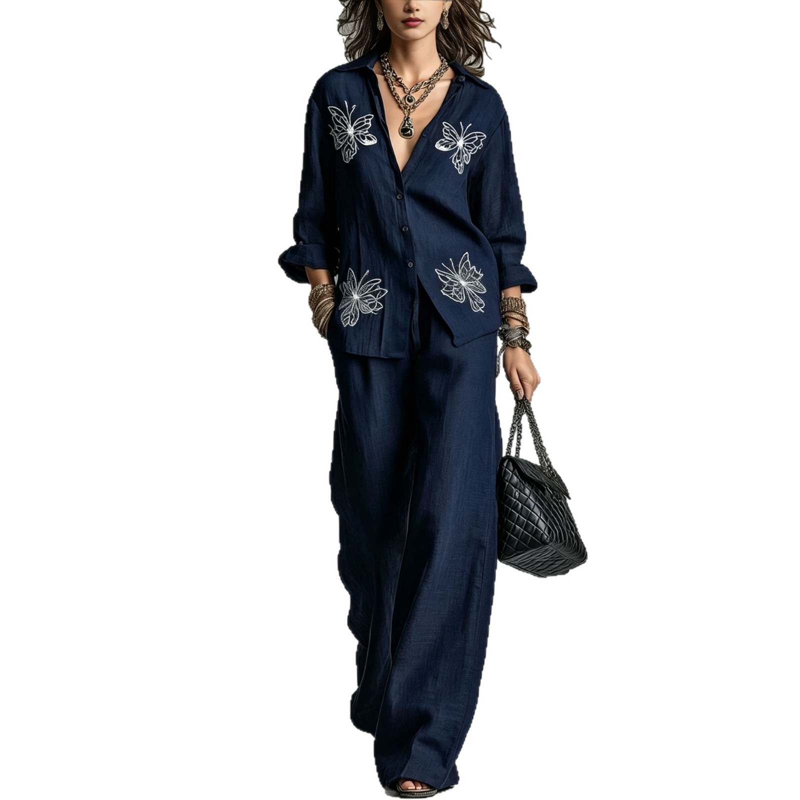 Women's Butterfly Embroidered Shirt & Wide-Leg Pants Two-Piece Set
