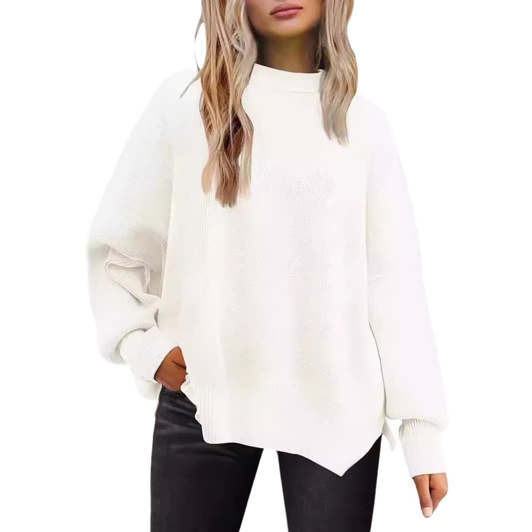 Women's Crewneck Batwing Sleeve Side Slit Loose Knit Sweater