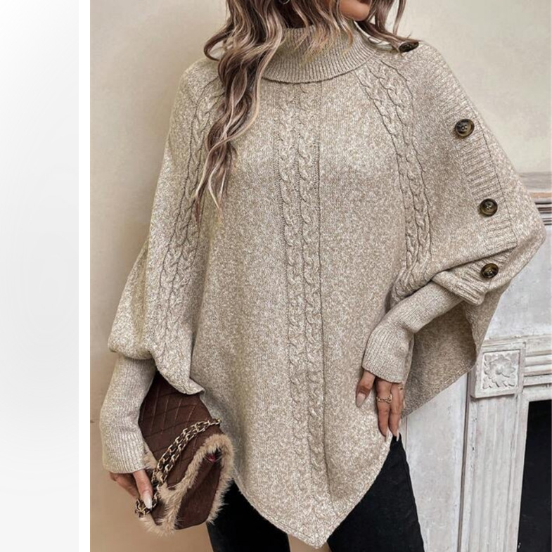 Cable-Knit Turtleneck Button-Trim Batwing Sweater