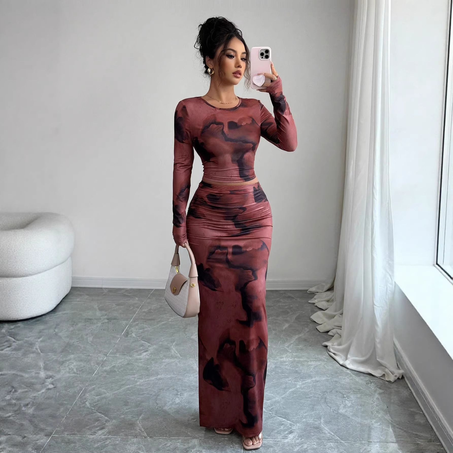 Women's 2-Piece Tie-Dye Long-Sleeve T-Shirt and Bodycon Maxi Skirt Set