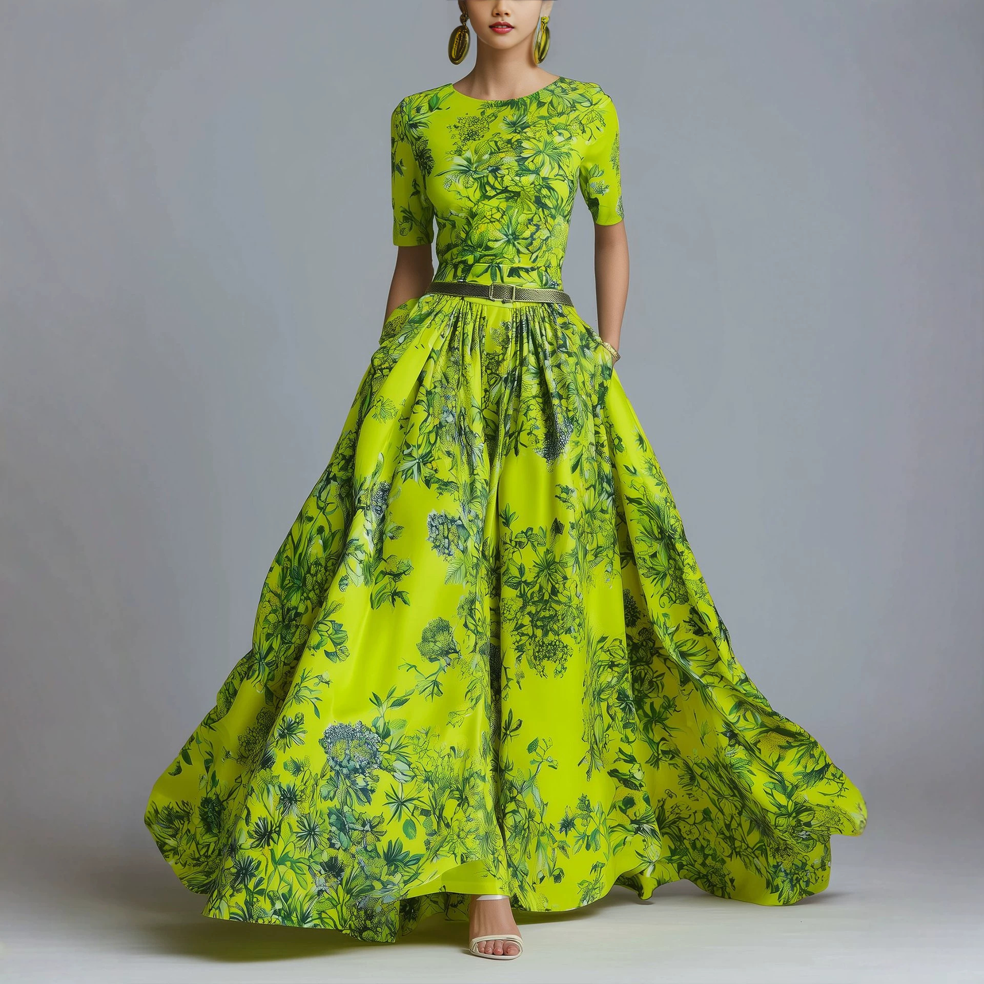 Women's Elegant Floral Print Maxi Dress with Belt