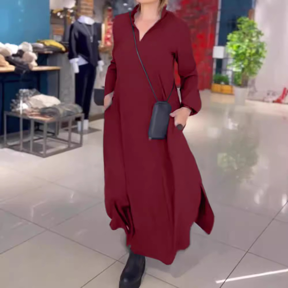 Women's Casual Solid V-Neck Long Sleeve Pocket Dress