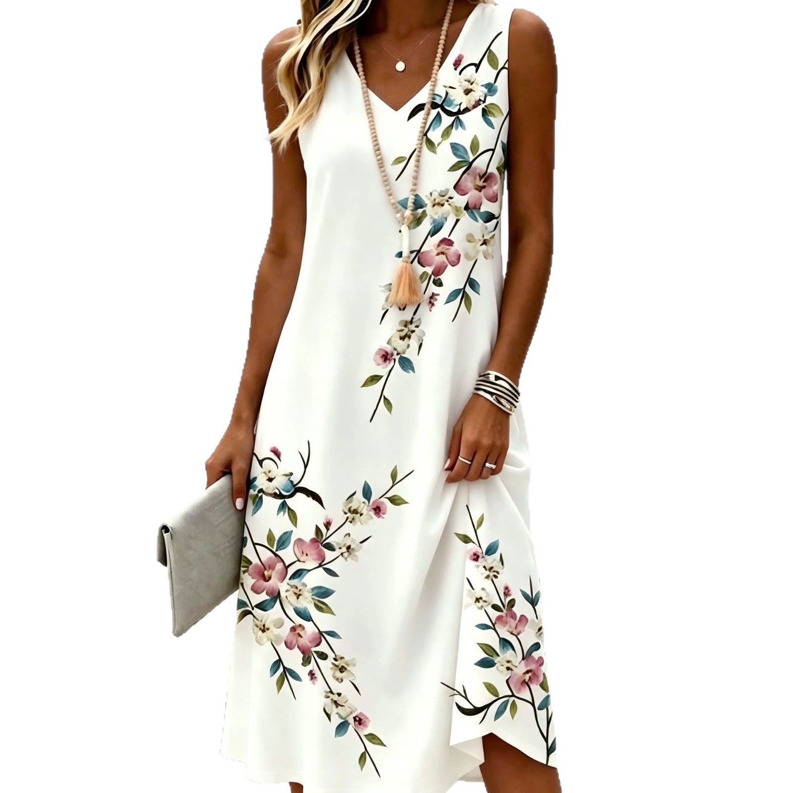 Women's Floral Print Deep V-Neck Bodycon Midi Dress Sleeveless Casual