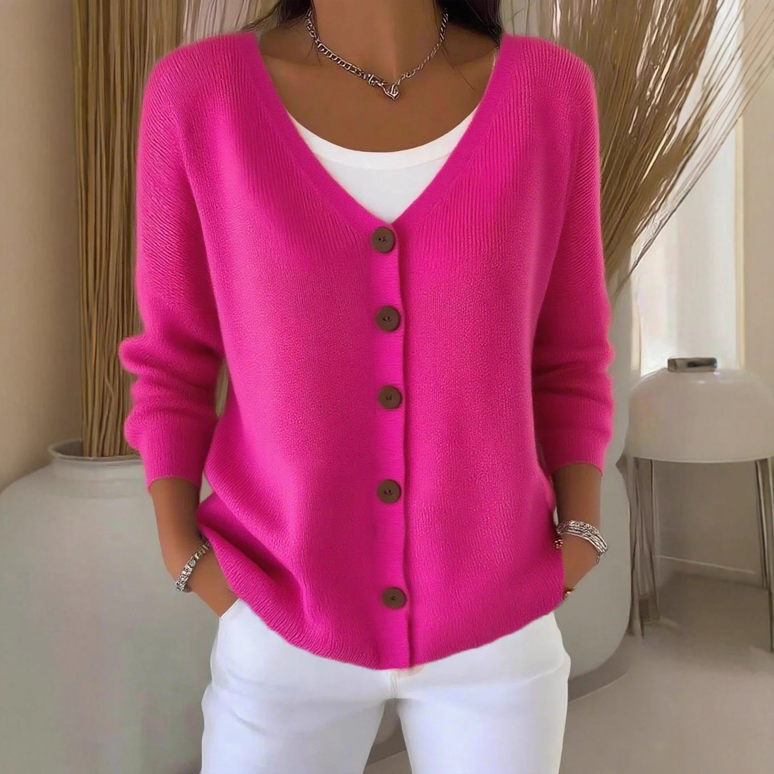 Women's Solid Knit Cardigan Sweater Coat V-Neck Loose Fit