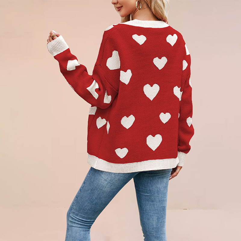 Heart Jacquard V-Neck Cardigan with Pockets