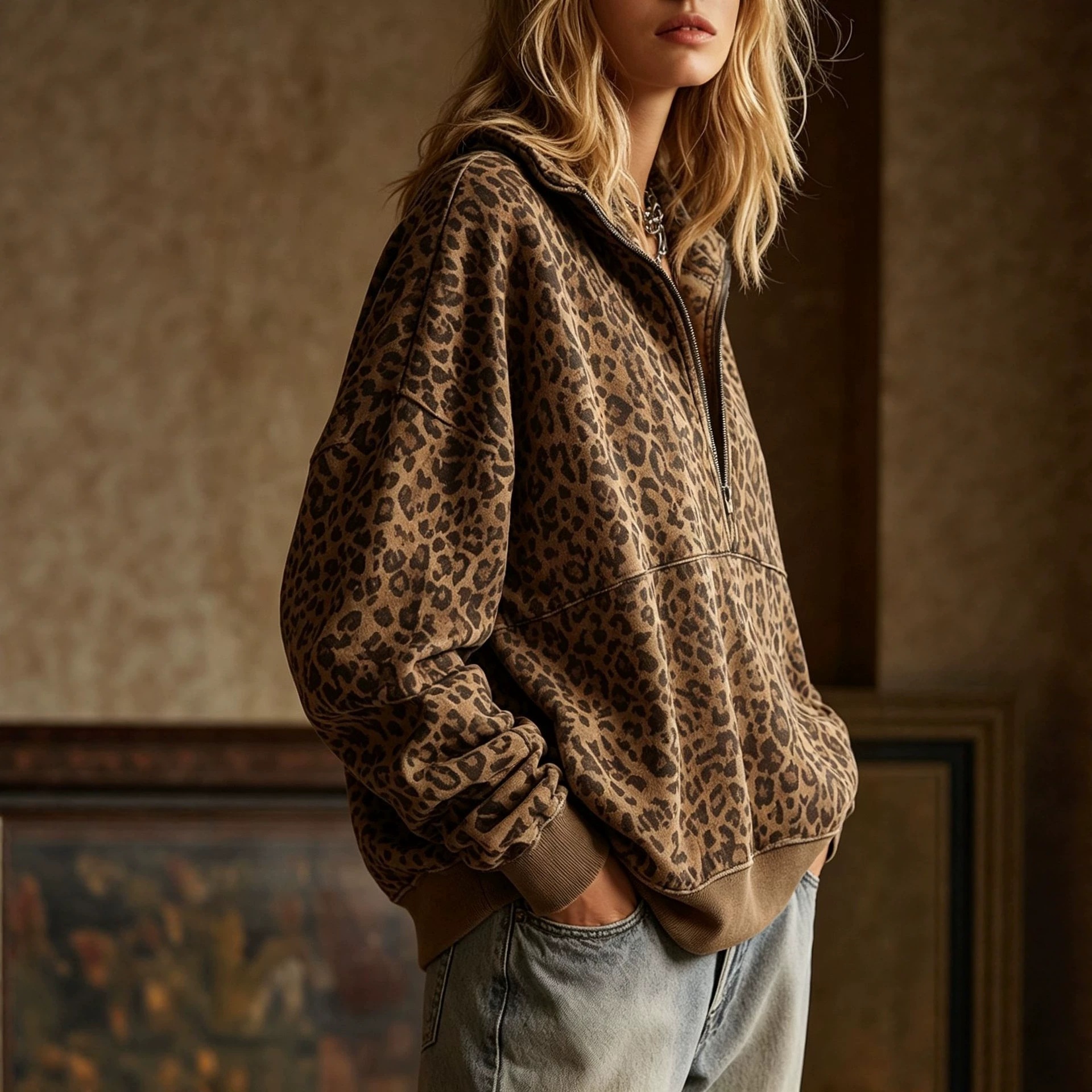 Women's Leopard Print Loose Zip-Up Collared Sweatshirt
